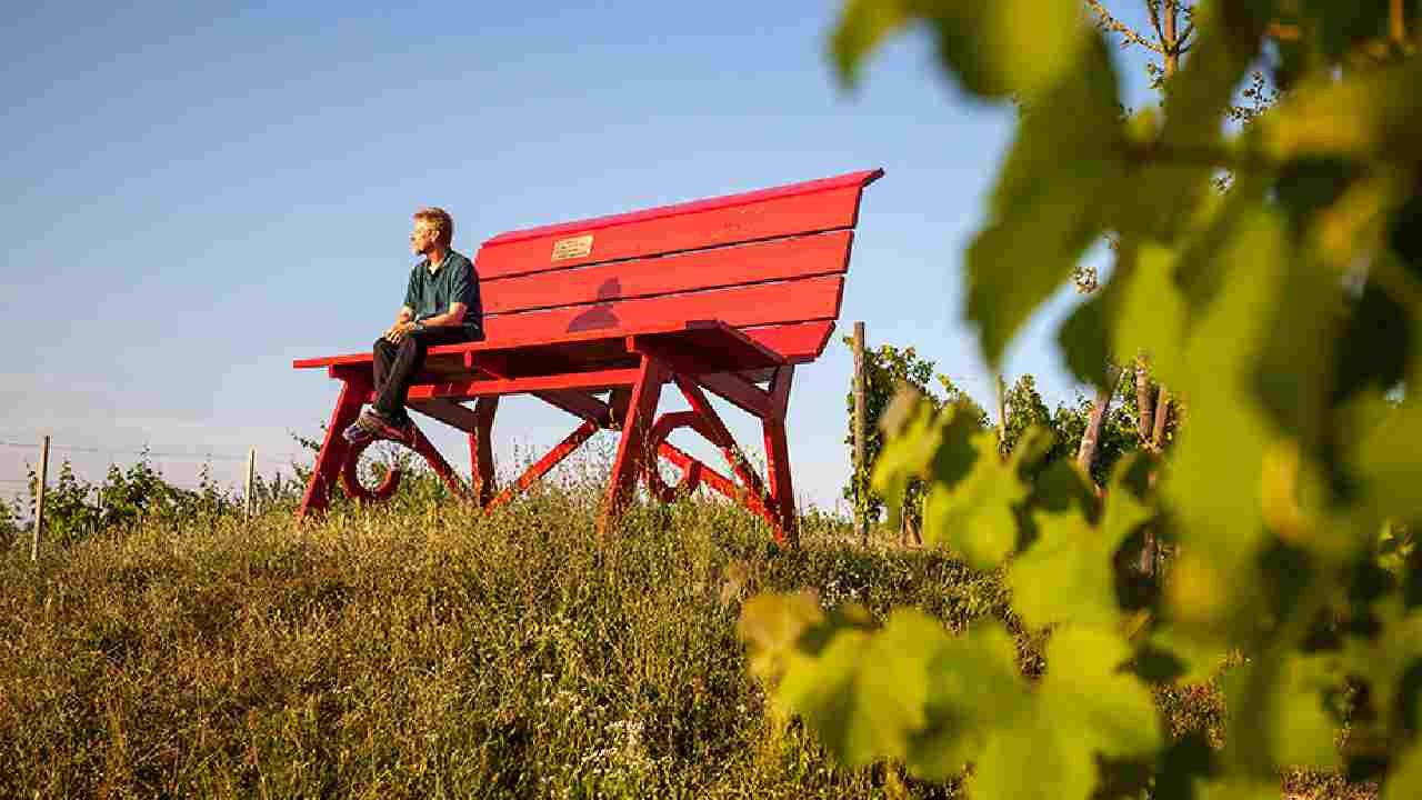 Il designer Chris Bangle su una panchina gigante rossa