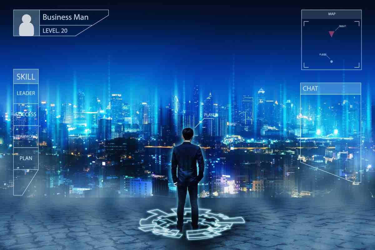 Un business man in un città virtuale