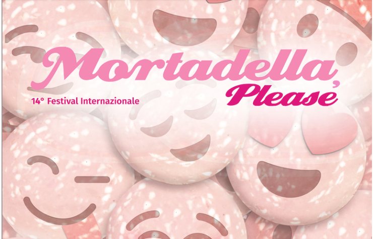 Volantino di Mortadella Please con tante emoji rosa a forma di mortadella che sorridono
